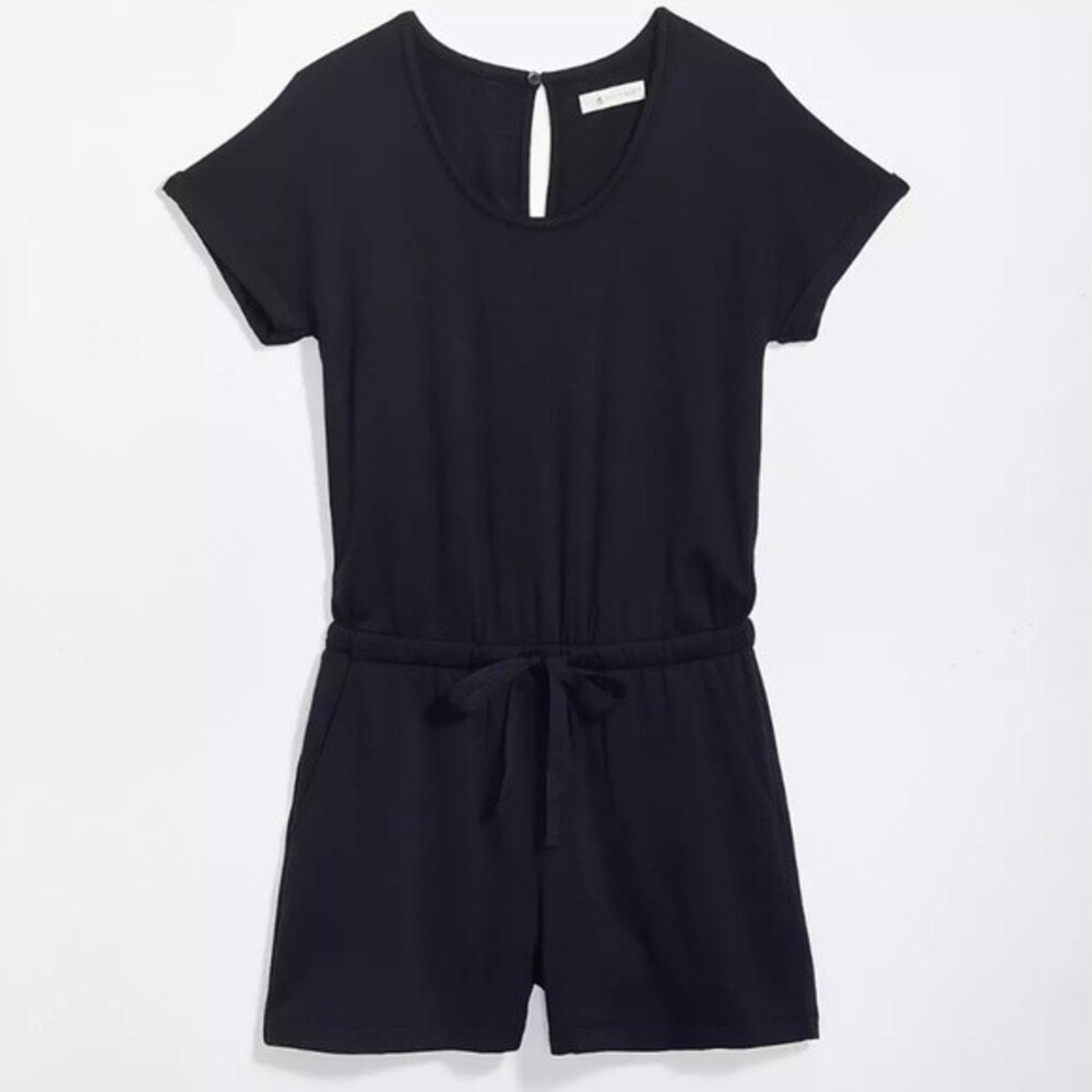 NWT Lou & Grey Signaturesoft Scoop Neck Cap Sleeve Romper in Black, Size XS